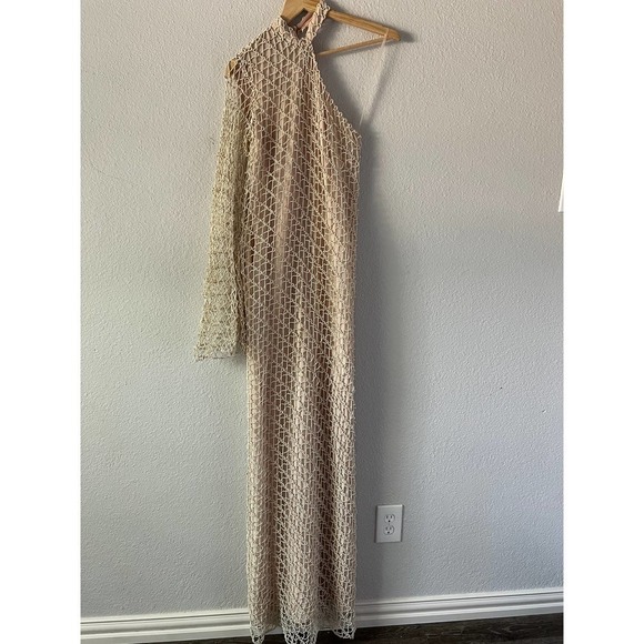 Sandra Mansour Cream Crochet Net One Shoulder Asymmetric Maxi Dress - Picture 8 of 12